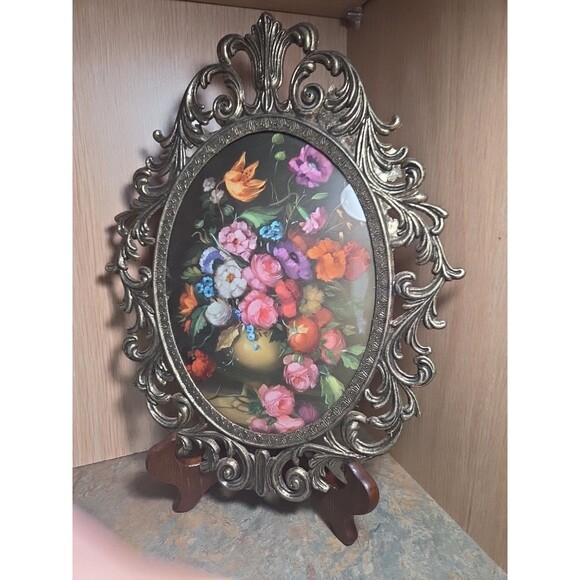 Antique Vintage Wrought Iron Victorian oval Picture Frame bubble glass floral - Picture 2 of 11